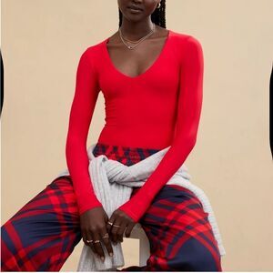 Aerie Smoothiez V Neck Long Sleeve‎ Women's Top Large Red NWT in packaging